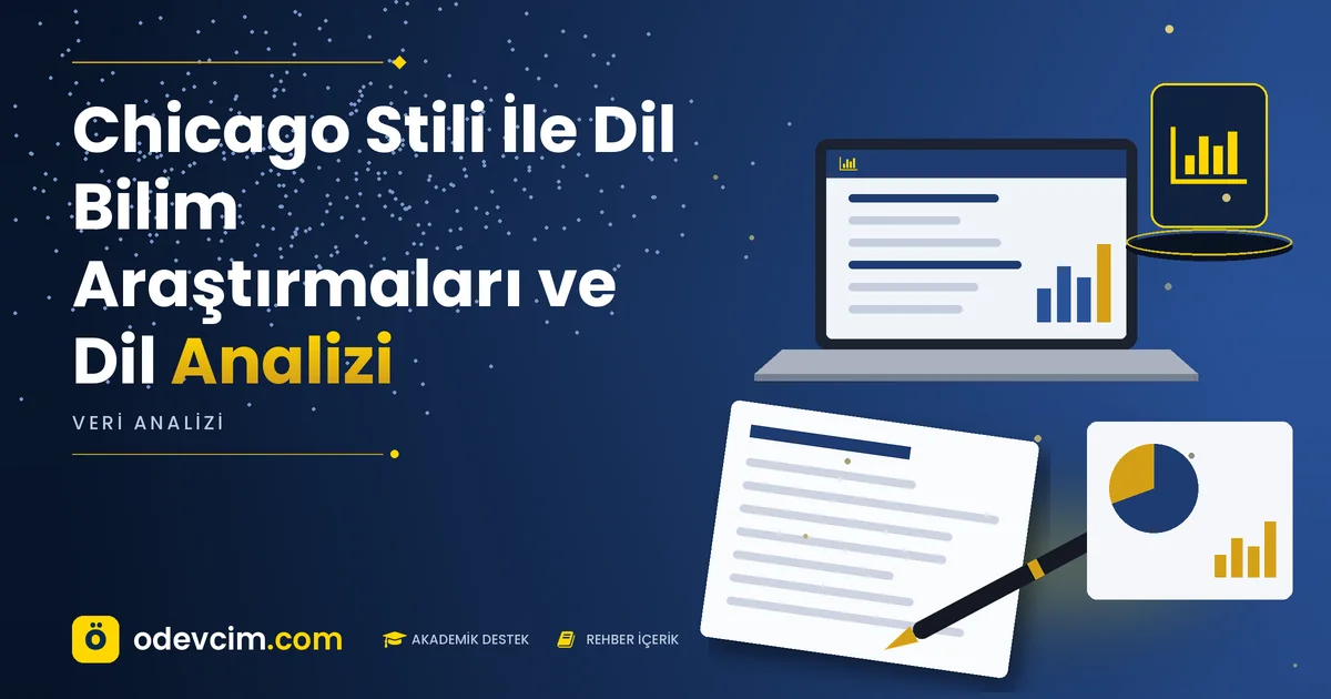 Chicago Stili İle Dil Bilim Araştırmaları ve Dil Analizi – Ödevcim kapak görseli, grafik simgeli akademik belge illüstrasyonu