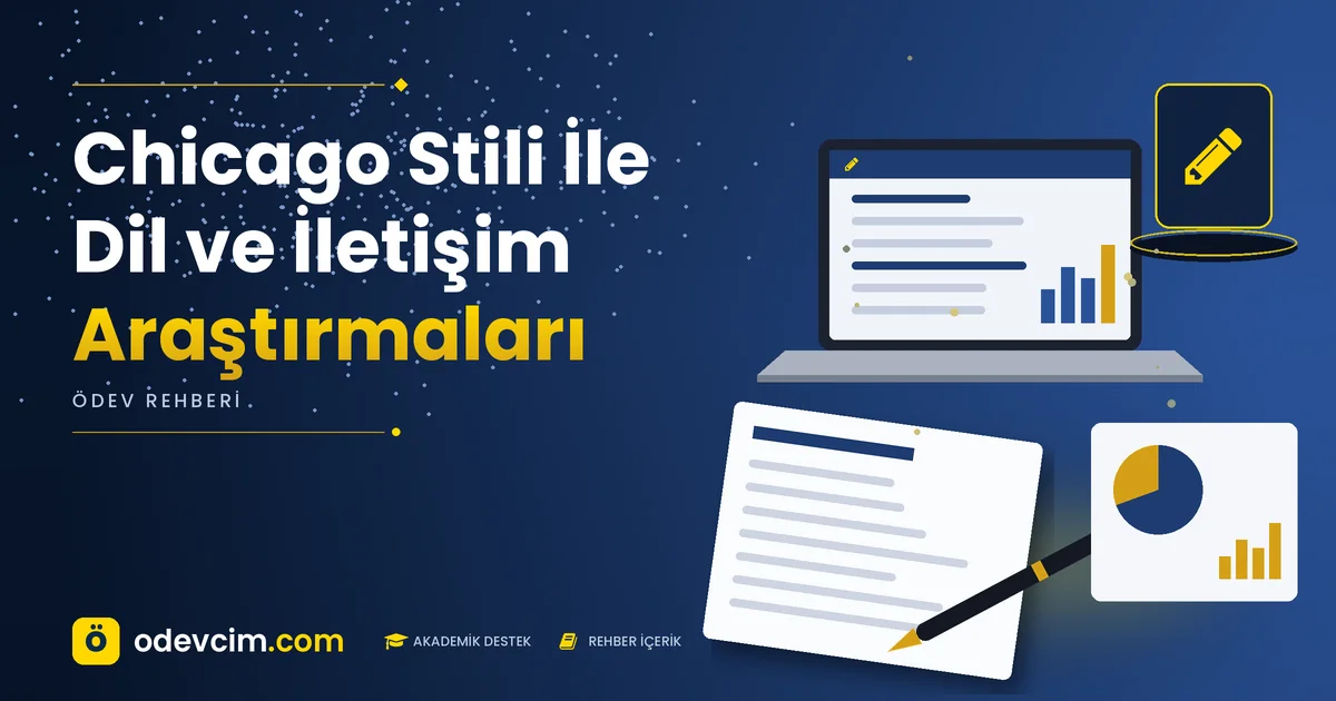 Chicago Stili İle Dil ve İletişim Araştırmaları – Ödevcim kapak görseli, kalem simgeli akademik belge illüstrasyonu