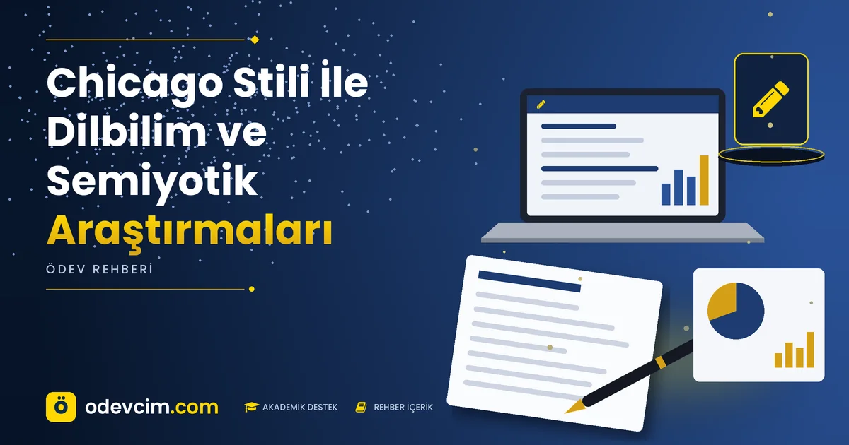 Chicago Stili İle Dilbilim ve Semiyotik Araştırmaları – Ödevcim kapak görseli, kalem simgeli akademik belge illüstrasyonu