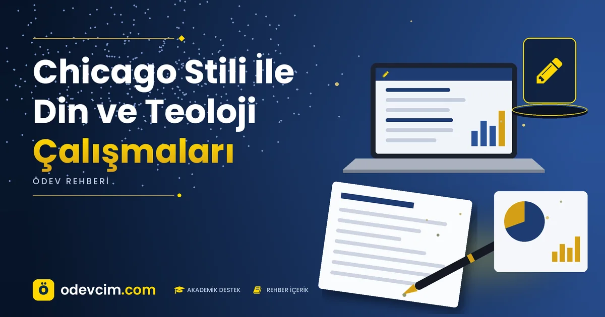 Chicago Stili İle Din ve Teoloji Çalışmaları – Ödevcim kapak görseli, kalem simgeli akademik belge illüstrasyonu