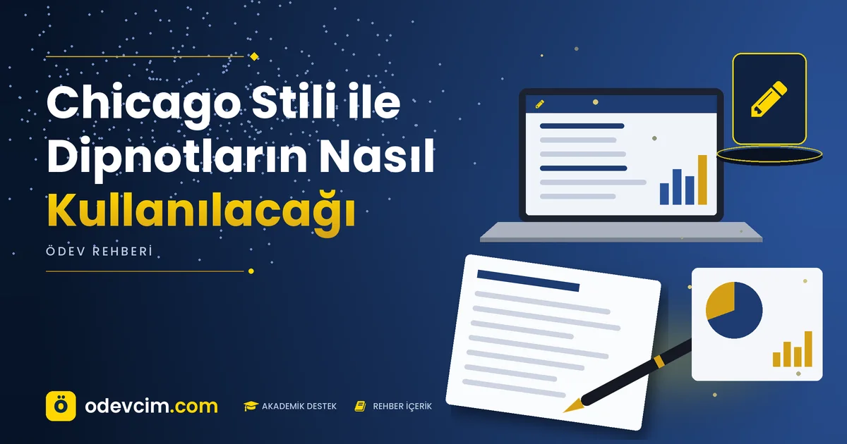 Chicago Stili ile Dipnotların Nasıl Kullanılacağı – Ödevcim kapak görseli, kalem simgeli akademik belge illüstrasyonu