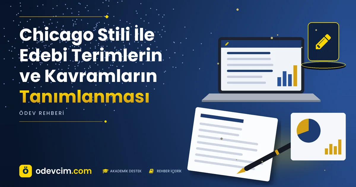Chicago Stili İle Edebi Terimlerin ve Kavramların Tanımlanması – Ödevcim kapak görseli, kalem simgeli akademik belge illüstrasyonu