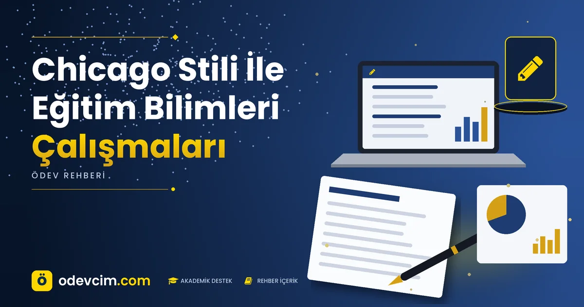 Chicago Stili İle Eğitim Bilimleri Çalışmaları – Ödevcim kapak görseli, kalem simgeli akademik belge illüstrasyonu