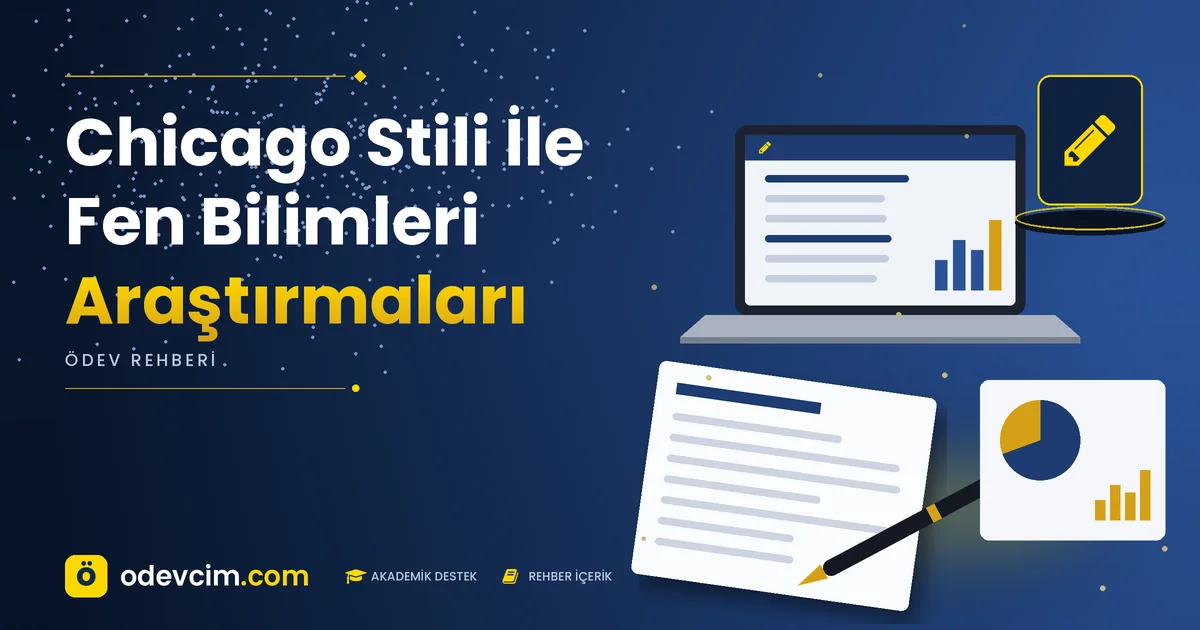 Chicago Stili İle Fen Bilimleri Araştırmaları – Ödevcim kapak görseli, kalem simgeli akademik belge illüstrasyonu