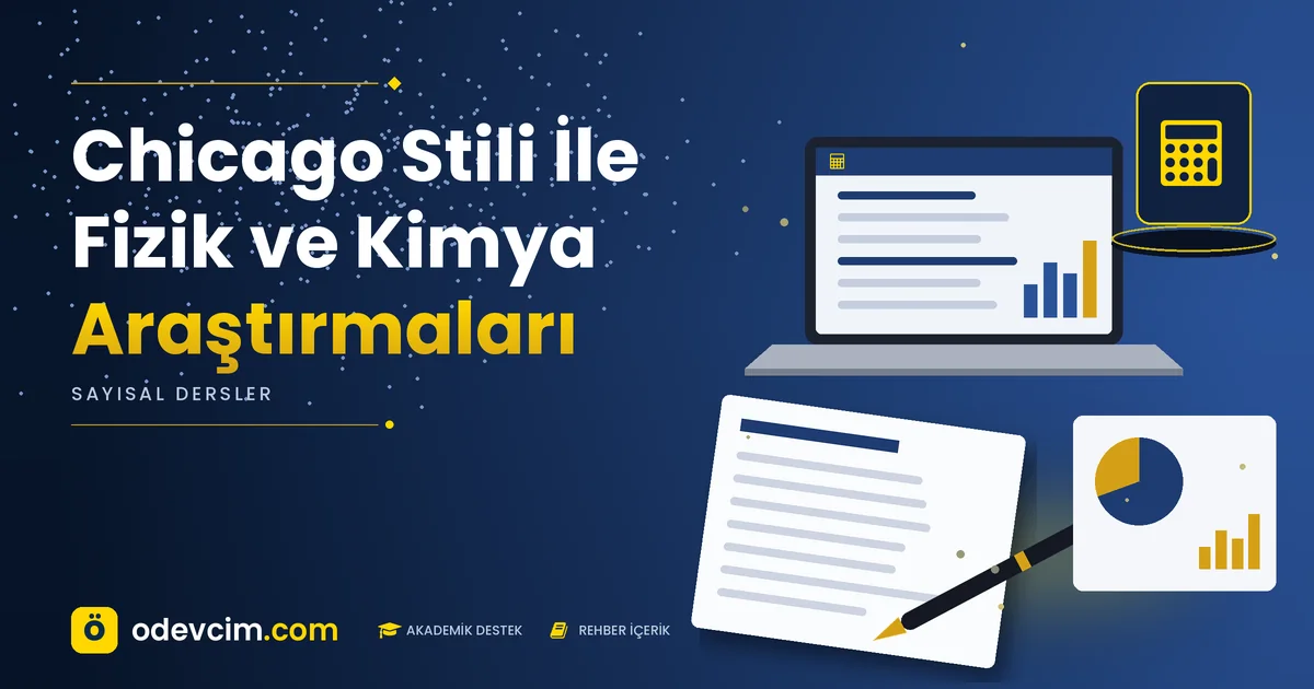 Chicago Stili İle Fizik ve Kimya Araştırmaları – Ödevcim kapak görseli, hesap makinesi simgeli akademik belge illüstrasyonu