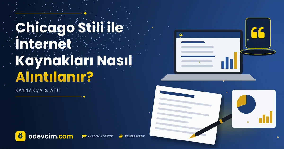 Chicago Stili ile İnternet Kaynakları Nasıl Alıntılanır? – Ödevcim kapak görseli, alıntı simgeli akademik belge illüstrasyonu