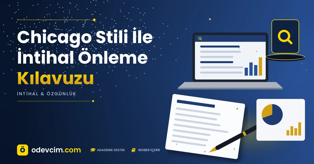 Chicago Stili İle İntihal Önleme Kılavuzu – Ödevcim kapak görseli, büyüteç simgeli akademik belge illüstrasyonu