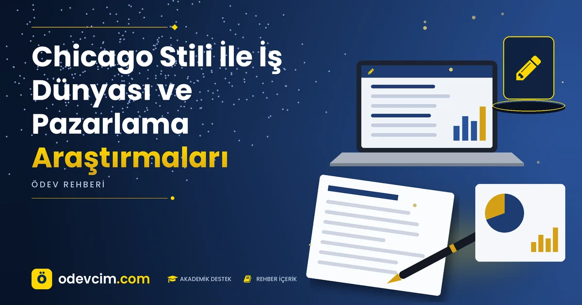 Chicago Stili İle İş Dünyası ve Pazarlama Araştırmaları – Ödevcim kapak görseli, kalem simgeli akademik belge illüstrasyonu