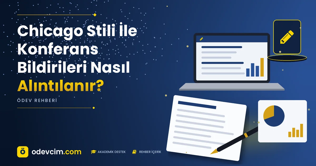 Chicago Stili İle Konferans Bildirileri Nasıl Alıntılanır? – Ödevcim kapak görseli, kalem simgeli akademik belge illüstrasyonu