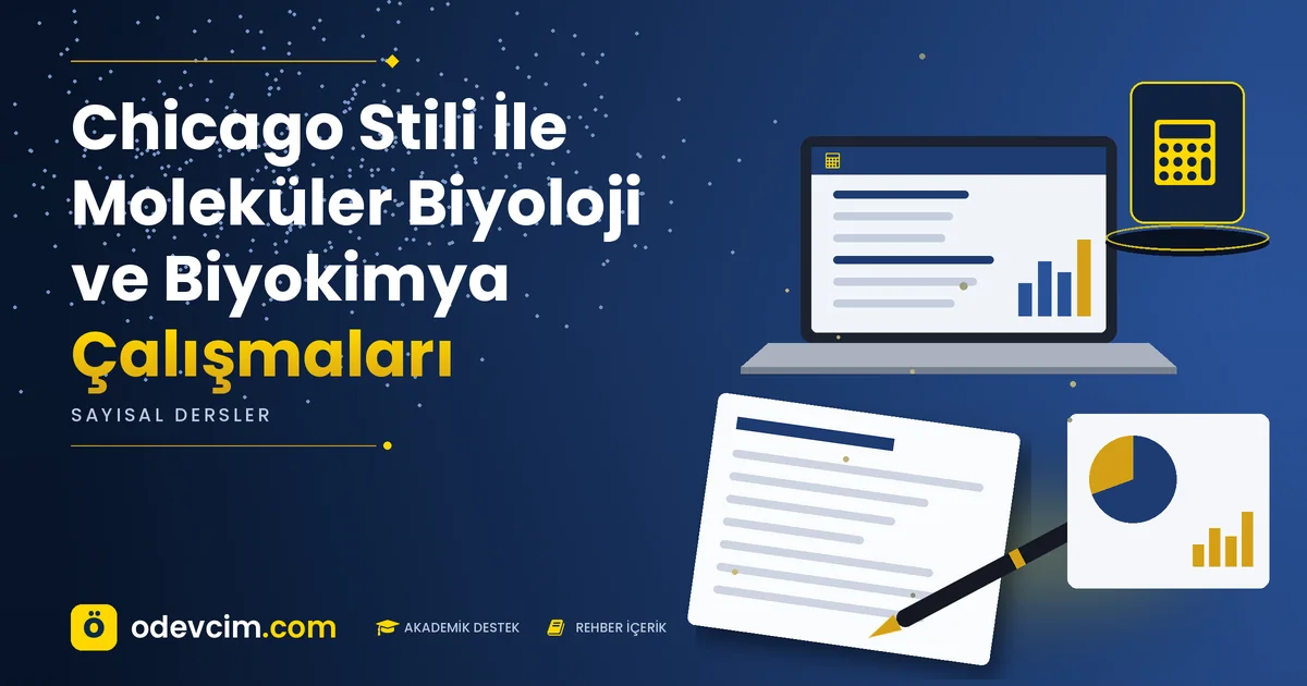 Chicago Stili İle Moleküler Biyoloji ve Biyokimya Çalışmaları – Ödevcim kapak görseli, hesap makinesi simgeli akademik belge illüstrasyonu