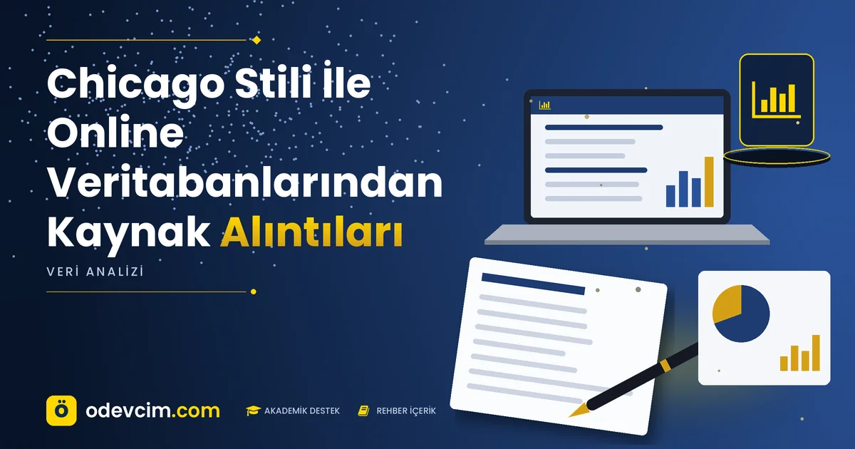 Chicago Stili İle Online Veritabanlarından Kaynak Alıntıları – Ödevcim kapak görseli, grafik simgeli akademik belge illüstrasyonu