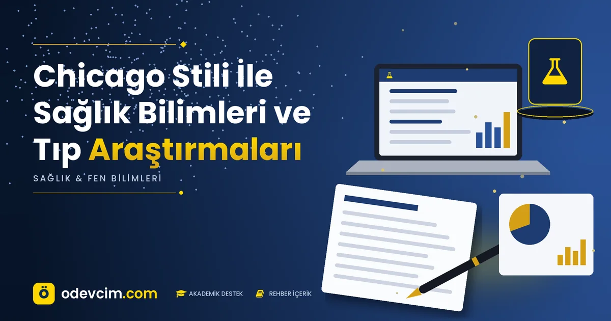 Chicago Stili İle Sağlık Bilimleri ve Tıp Araştırmaları – Ödevcim kapak görseli, laboratuvar şişesi simgeli akademik belge illüstrasyonu