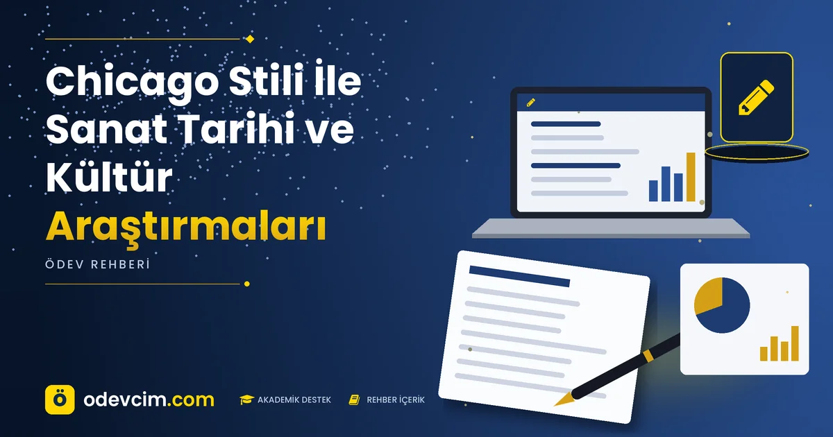 Chicago Stili İle Sanat Tarihi ve Kültür Araştırmaları – Ödevcim kapak görseli, kalem simgeli akademik belge illüstrasyonu
