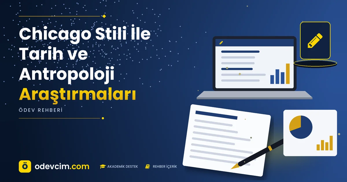 Chicago Stili İle Tarih ve Antropoloji Araştırmaları – Ödevcim kapak görseli, kalem simgeli akademik belge illüstrasyonu