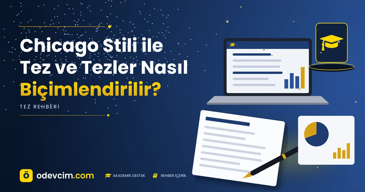 Chicago Stili ile Tez ve Tezler Nasıl Biçimlendirilir? – Ödevcim kapak görseli, kep simgeli akademik belge illüstrasyonu