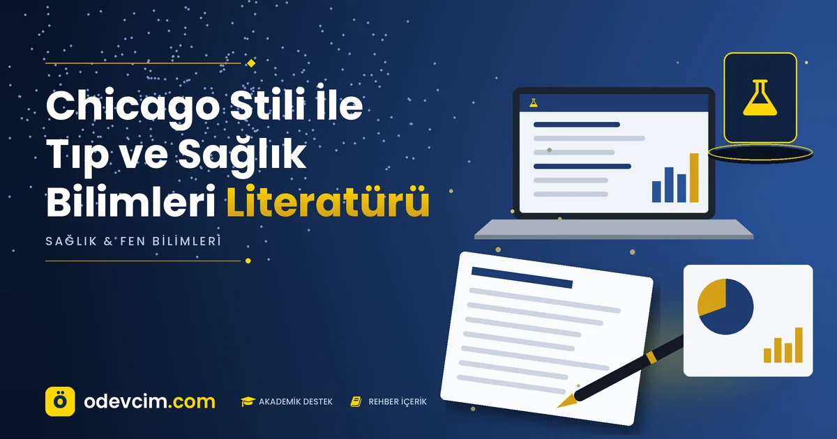 Chicago Stili İle Tıp ve Sağlık Bilimleri Literatürü – Ödevcim kapak görseli, laboratuvar şişesi simgeli akademik belge illüstrasyonu