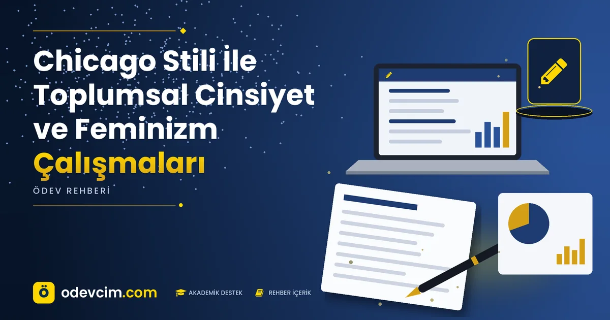 Chicago Stili İle Toplumsal Cinsiyet ve Feminizm Çalışmaları – Ödevcim kapak görseli, kalem simgeli akademik belge illüstrasyonu