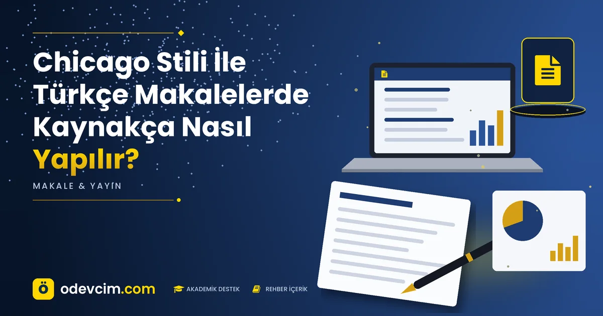 Chicago Stili İle Türkçe Makalelerde Kaynakça Nasıl Yapılır? – Ödevcim kapak görseli, makale sayfası simgeli akademik belge illüstrasyonu