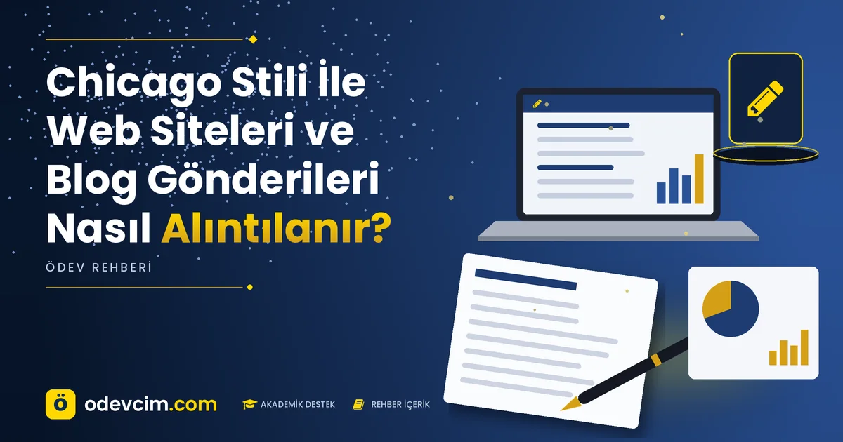 Chicago Stili İle Web Siteleri ve Blog Gönderileri Nasıl Alıntılanır? – Ödevcim kapak görseli, kalem simgeli akademik belge illüstrasyonu