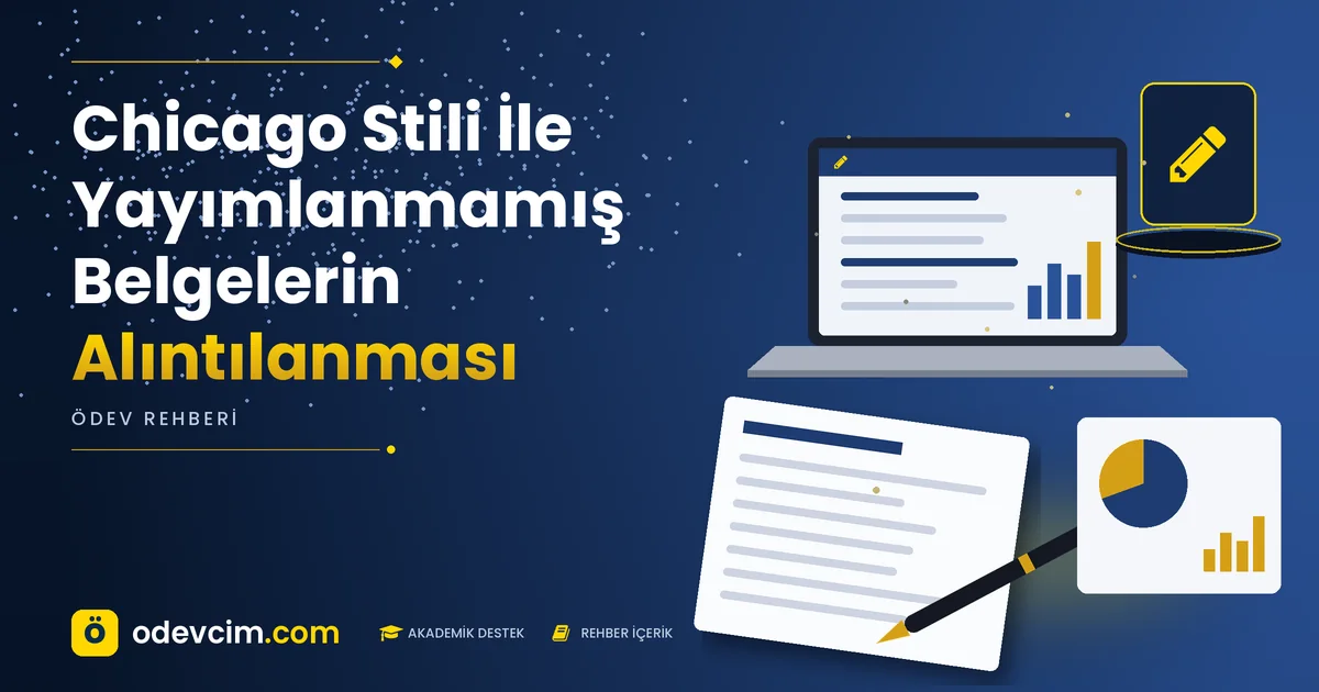 Chicago Stili İle Yayımlanmamış Belgelerin Alıntılanması – Ödevcim kapak görseli, kalem simgeli akademik belge illüstrasyonu