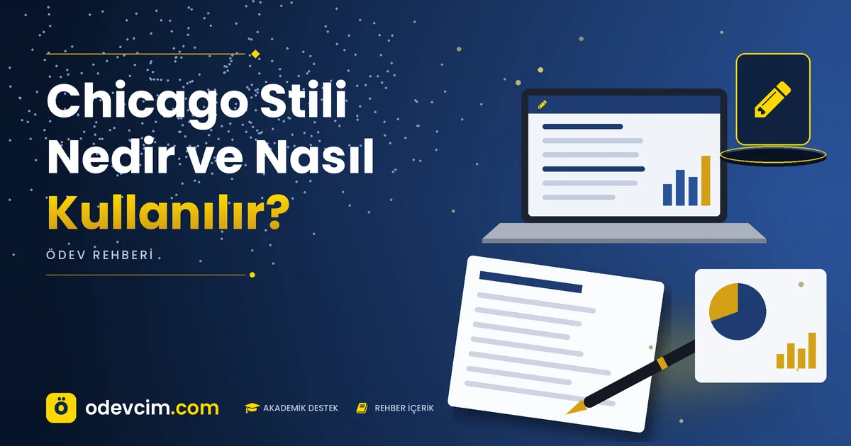 Chicago Stili Nedir ve Nasıl Kullanılır? – Ödevcim kapak görseli, kalem simgeli akademik belge illüstrasyonu