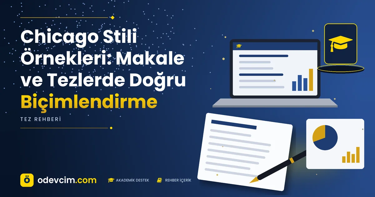 Chicago Stili Örnekleri: Makale ve Tezlerde Doğru Biçimlendirme – Ödevcim kapak görseli, kep simgeli akademik belge illüstrasyonu