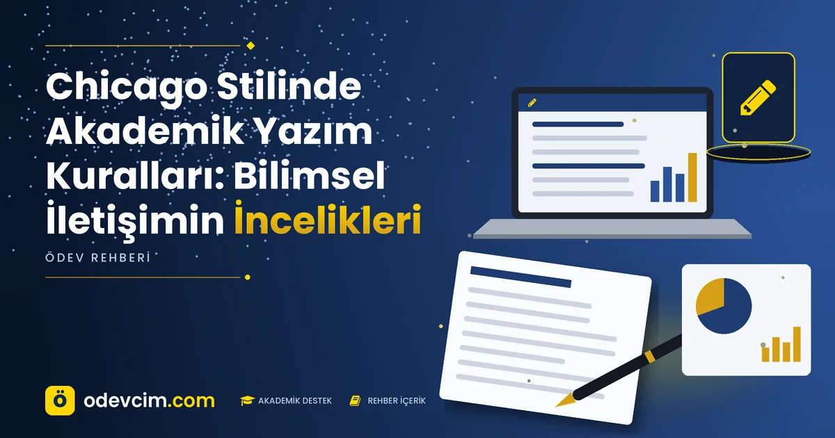 Chicago Stilinde Akademik Yazım Kuralları: Bilimsel İletişimin İncelikleri – Ödevcim kapak görseli, kalem simgeli akademik belge illüstrasyonu