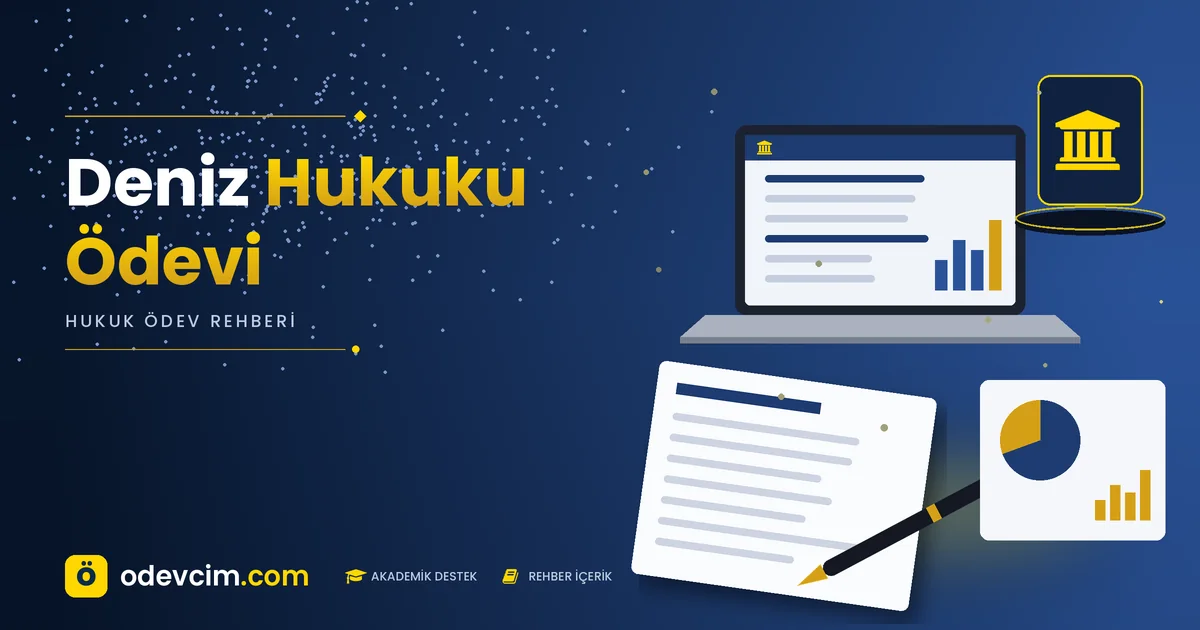 Deniz hukuku ödevi – Ödevcim kapak görseli, sütunlu adliye simgeli hukuk rehberi illüstrasyonu
