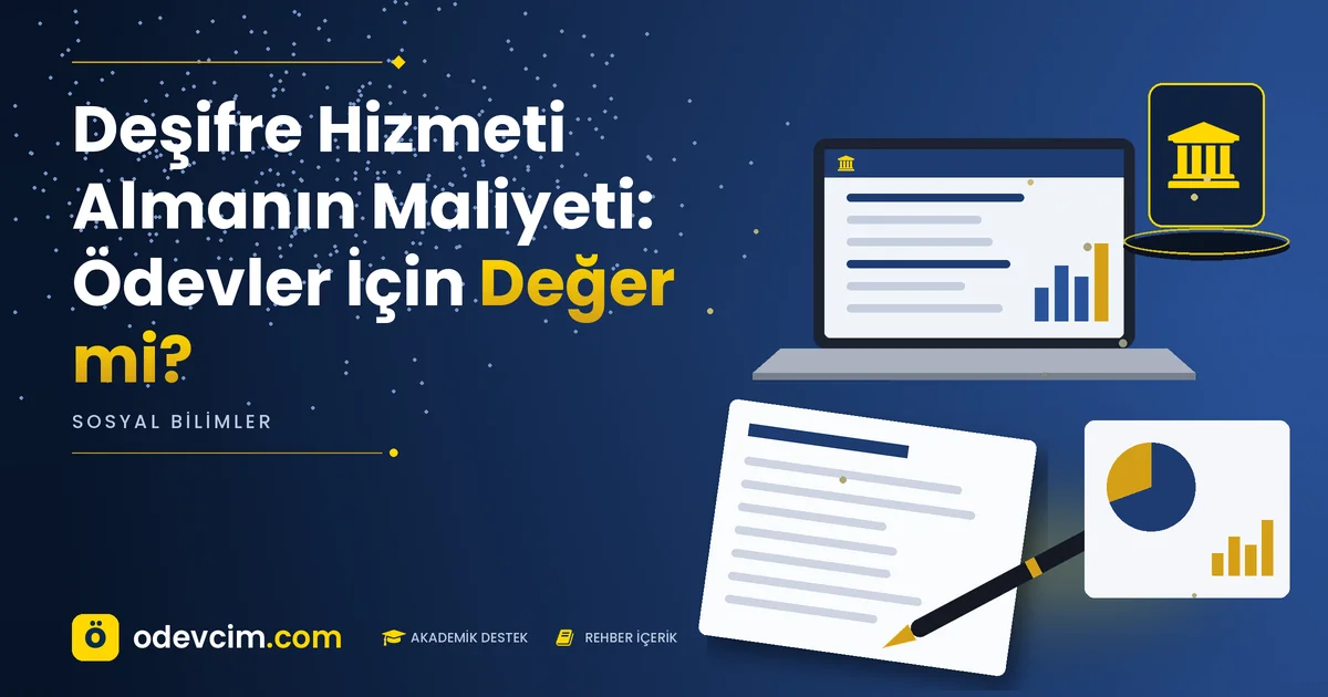 Deşifre Hizmeti Almanın Maliyeti: Ödevler İçin Değer mi? – Ödevcim kapak görseli, kurum simgeli akademik belge illüstrasyonu