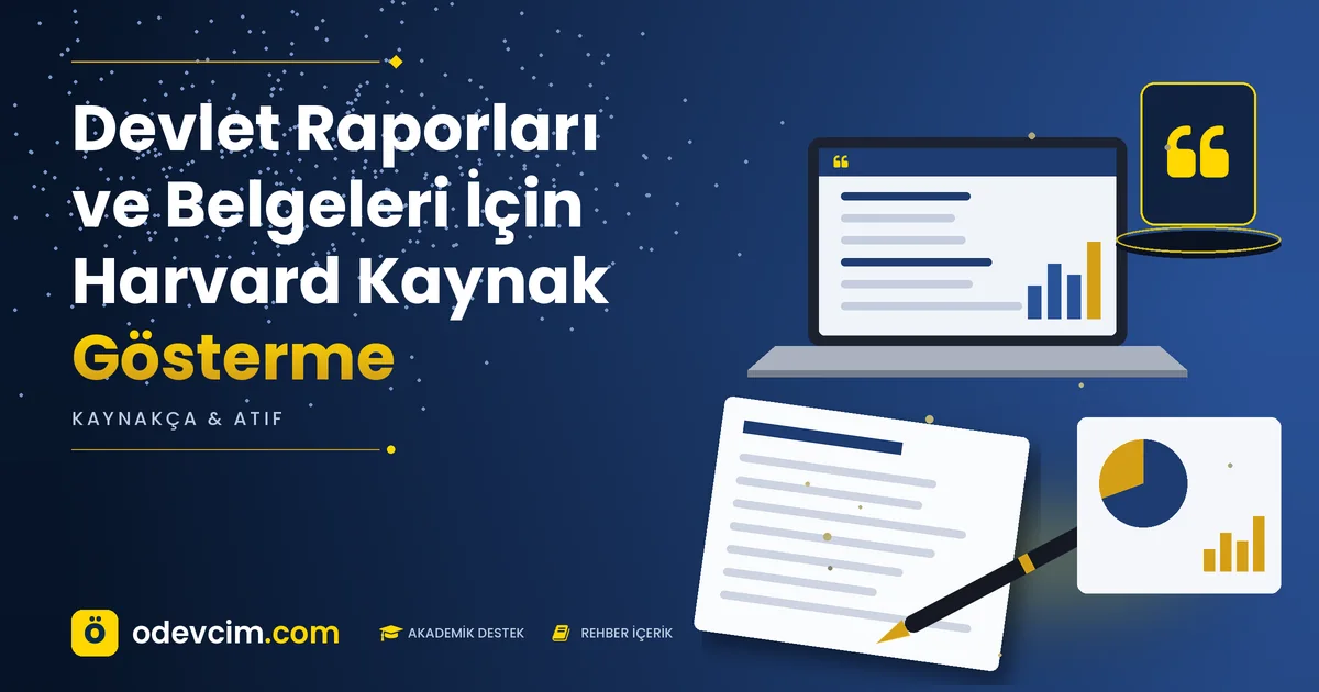 Devlet Raporları ve Belgeleri İçin Harvard Kaynak Gösterme – Ödevcim kapak görseli, alıntı simgeli akademik belge illüstrasyonu
