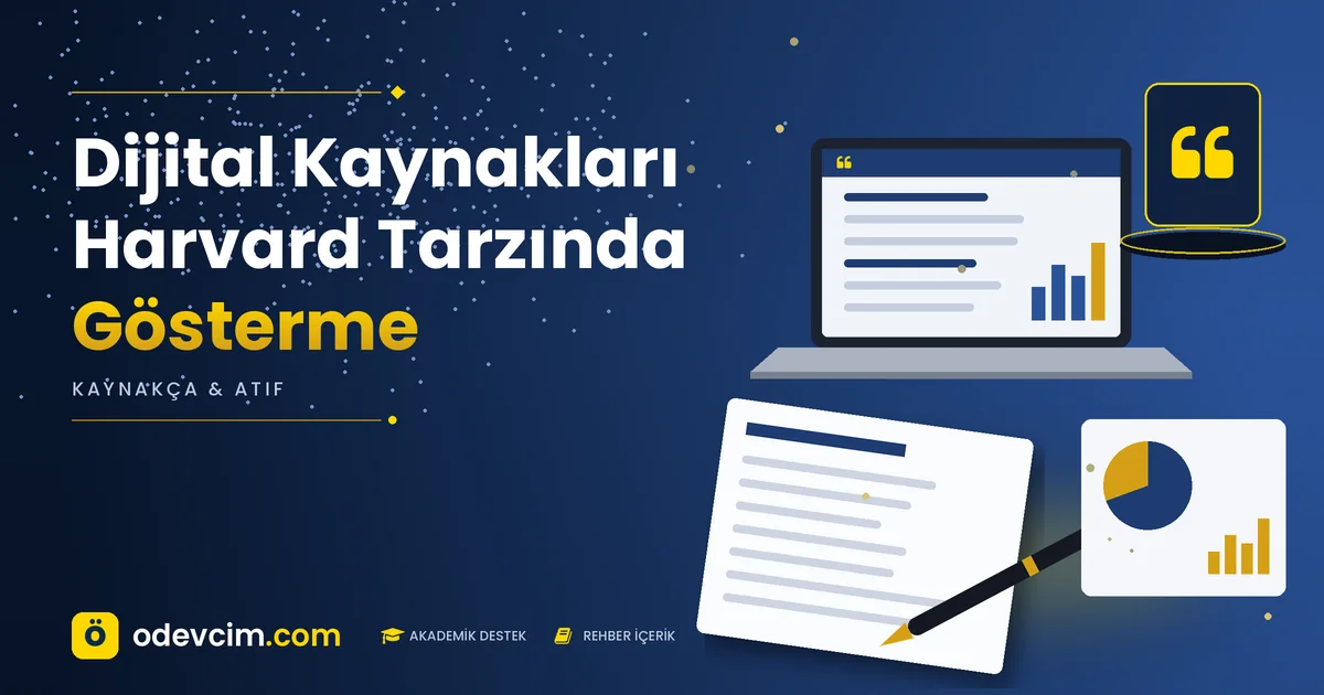 Dijital Kaynakları Harvard Tarzında Gösterme – Ödevcim kapak görseli, alıntı simgeli akademik belge illüstrasyonu