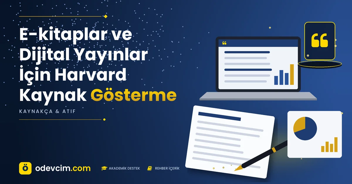 E-kitaplar ve Dijital Yayınlar İçin Harvard Kaynak Gösterme – Ödevcim kapak görseli, alıntı simgeli akademik belge illüstrasyonu