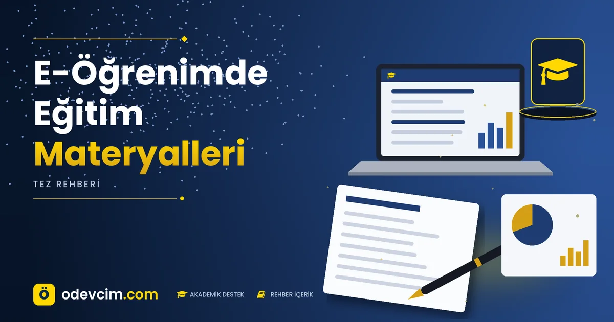 E-Öğrenimde Eğitim Materyalleri – Ödevcim kapak görseli, kep simgeli akademik belge illüstrasyonu
