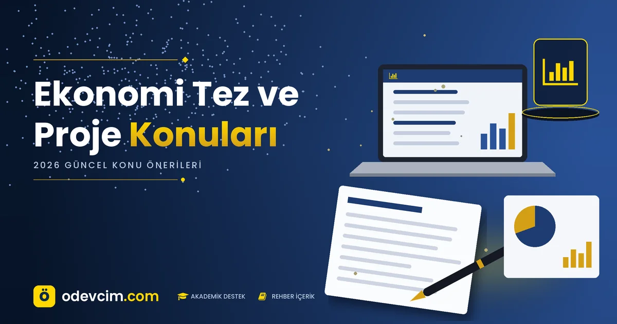 Ekonomi tez ve proje konuları – Ödevcim kapak görseli, grafik simgeli akademik belge illüstrasyonu
