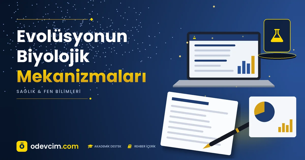 Evolüsyonun Biyolojik Mekanizmaları – Ödevcim kapak görseli, laboratuvar şişesi simgeli akademik belge illüstrasyonu