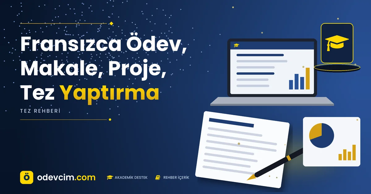 Fransızca Ödev, Makale, Proje, Tez Yaptırma – Ödevcim kapak görseli, kep simgeli akademik belge illüstrasyonu