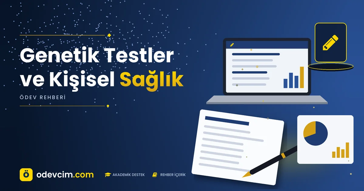 Genetik Testler ve Kişisel Sağlık – Ödevcim kapak görseli, kalem simgeli akademik belge illüstrasyonu