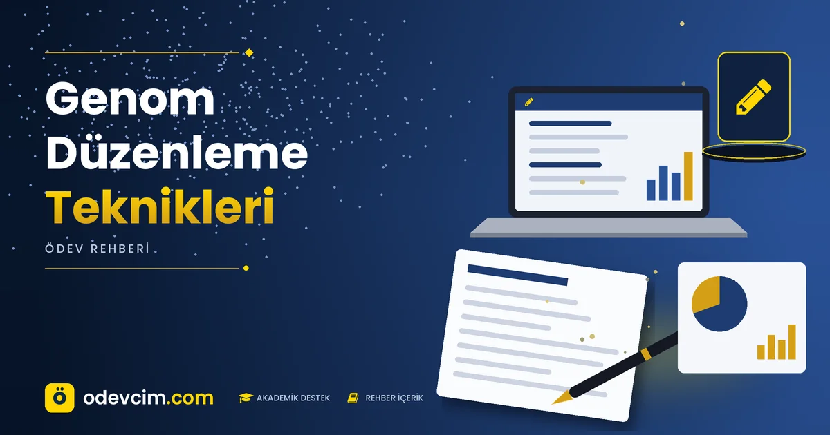 Genom Düzenleme Teknikleri – Ödevcim kapak görseli, kalem simgeli akademik belge illüstrasyonu