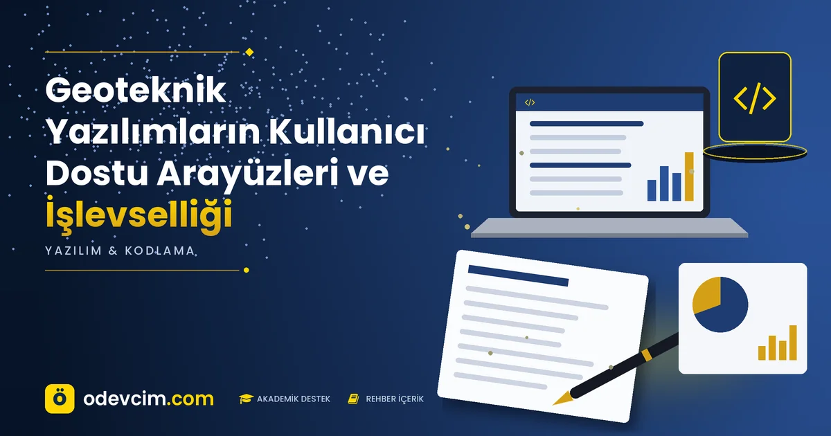 Geoteknik Yazılımların Kullanıcı Dostu Arayüzleri ve İşlevselliği – Ödevcim kapak görseli, kod simgeli akademik belge illüstrasyonu