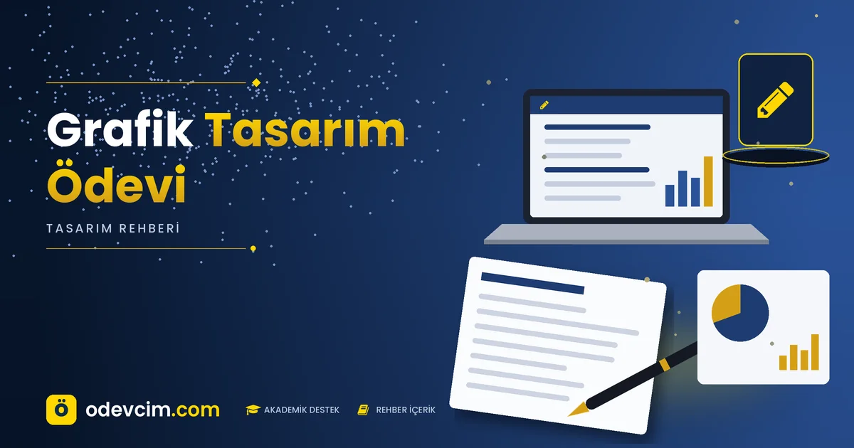 Grafik Tasarım Ödevi – Ödevcim kapak görseli, kalem simgeli tasarım rehberi illüstrasyonu