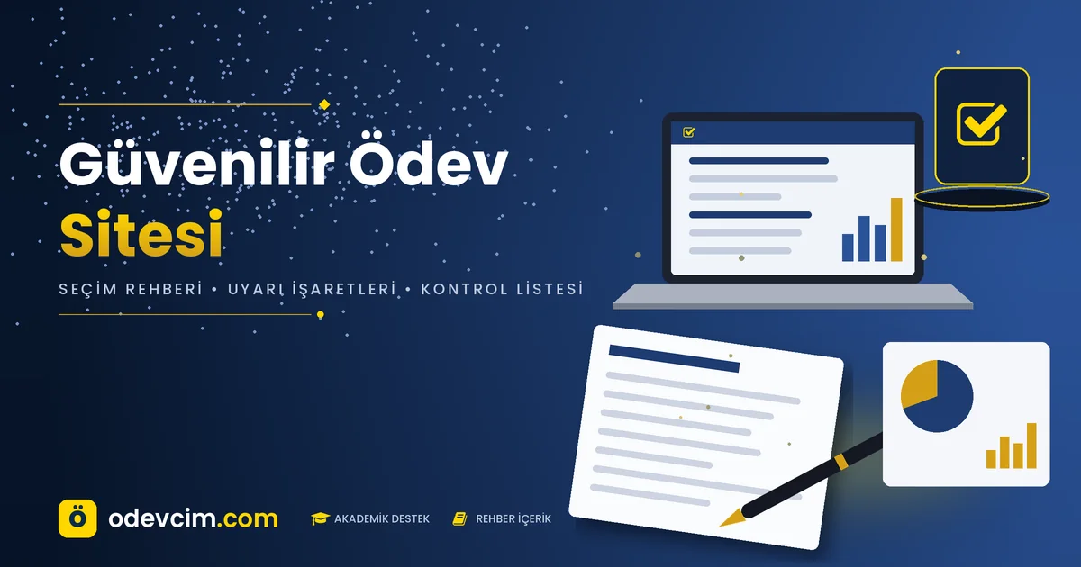 Güvenilir ödev sitesi rehberi – Ödevcim kapak görseli, onay simgeli güvenli ödev desteği seçimi illüstrasyonu