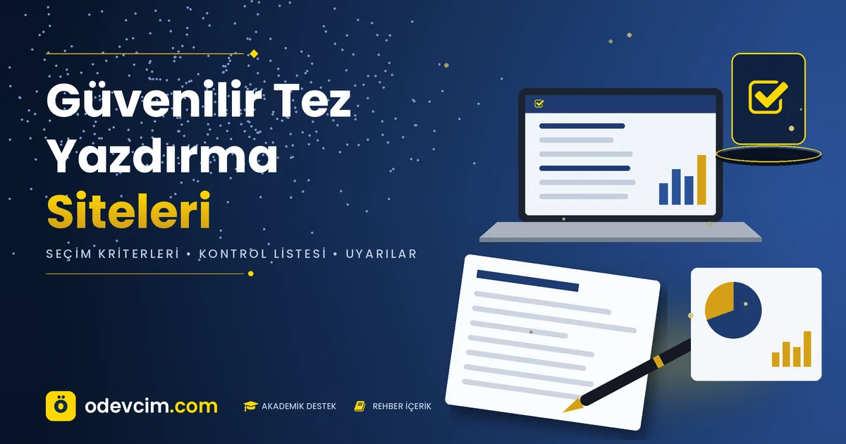 Güvenilir tez yazdırma siteleri rehberi – Ödevcim kapak görseli, onay simgeli güvenli akademik destek seçimi illüstrasyonu