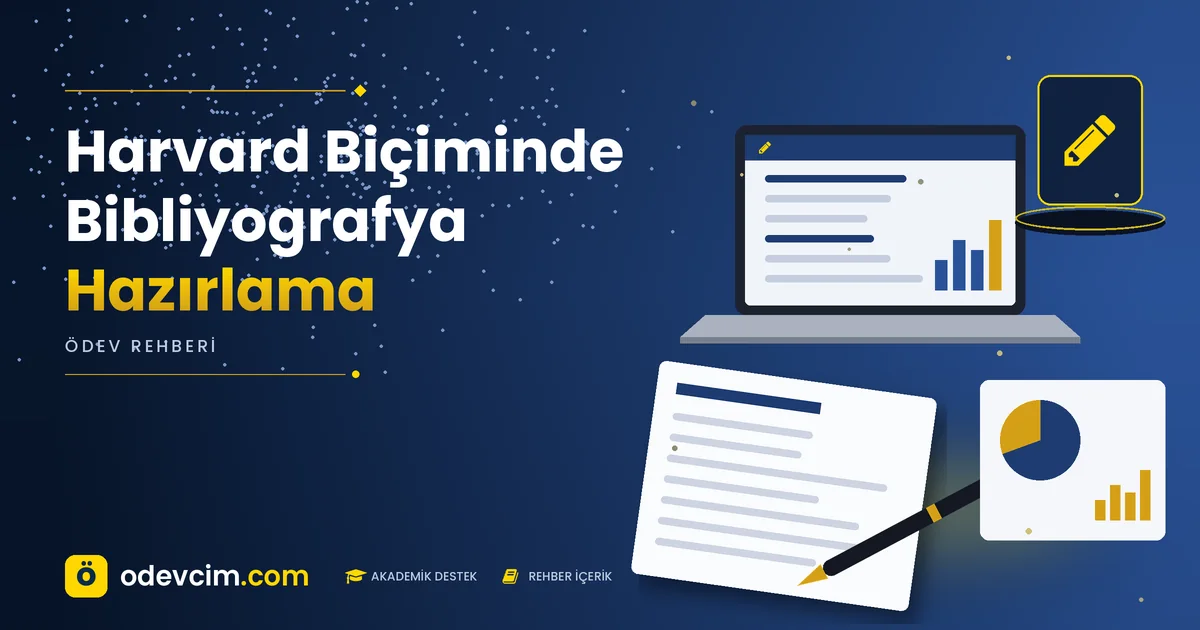 Harvard Biçiminde Bibliyografya Hazırlama – Ödevcim kapak görseli, kalem simgeli akademik belge illüstrasyonu