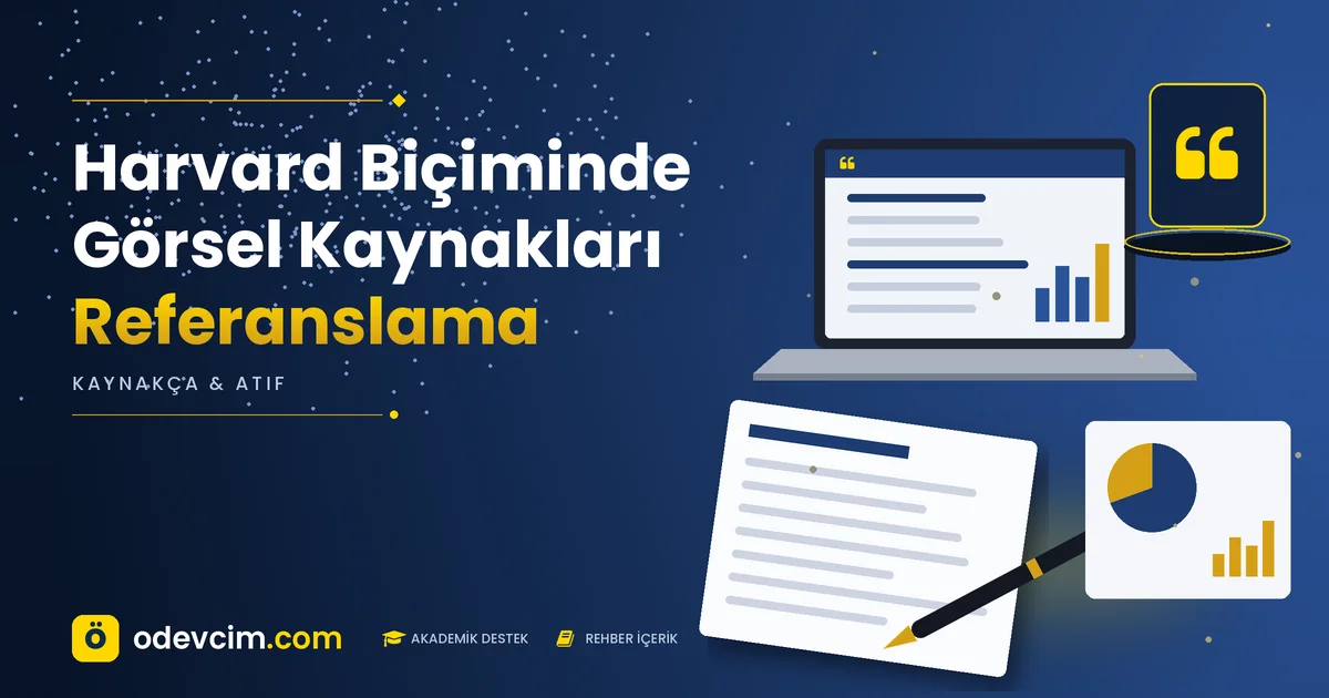 Harvard Biçiminde Görsel Kaynakları Referanslama – Ödevcim kapak görseli, alıntı simgeli akademik belge illüstrasyonu