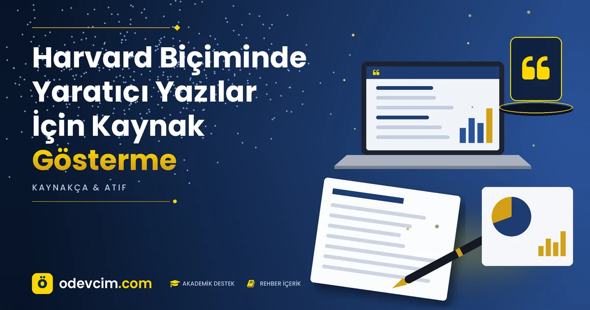 Harvard Biçiminde Yaratıcı Yazılar İçin Kaynak Gösterme – Ödevcim kapak görseli, alıntı simgeli akademik belge illüstrasyonu