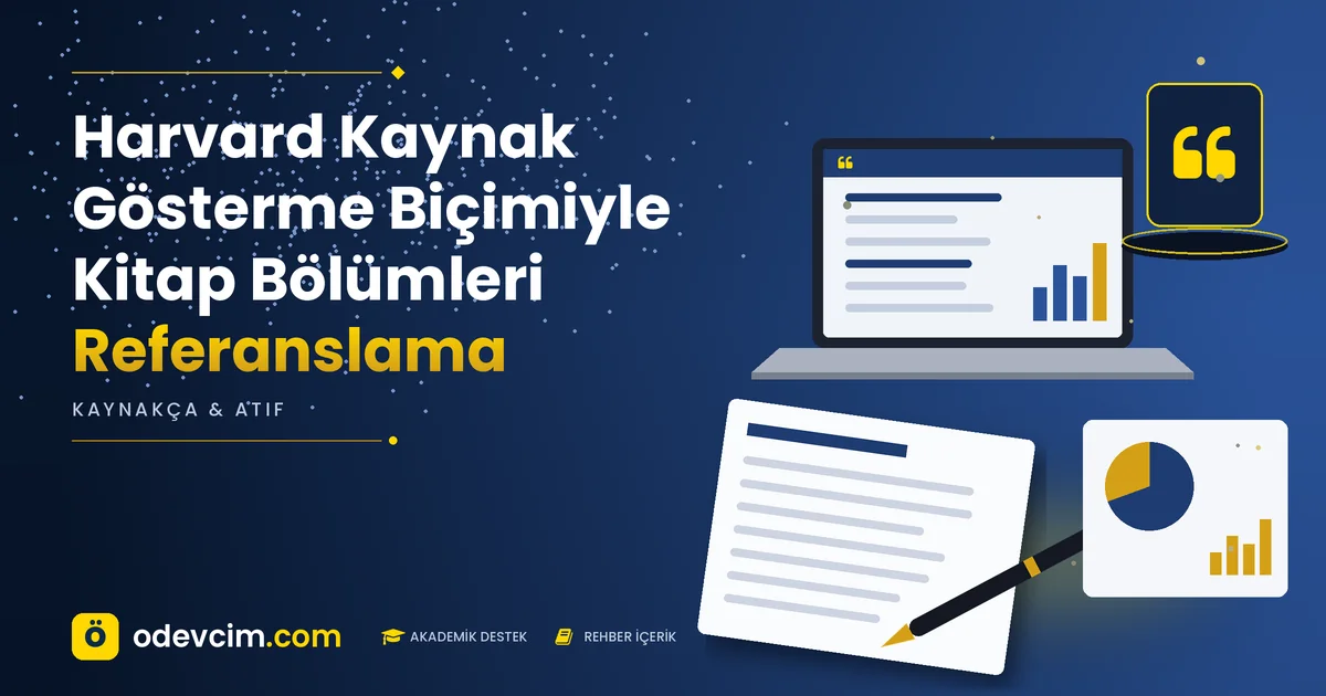 Harvard Kaynak Gösterme Biçimiyle Kitap Bölümleri Referanslama – Ödevcim kapak görseli, alıntı simgeli akademik belge illüstrasyonu