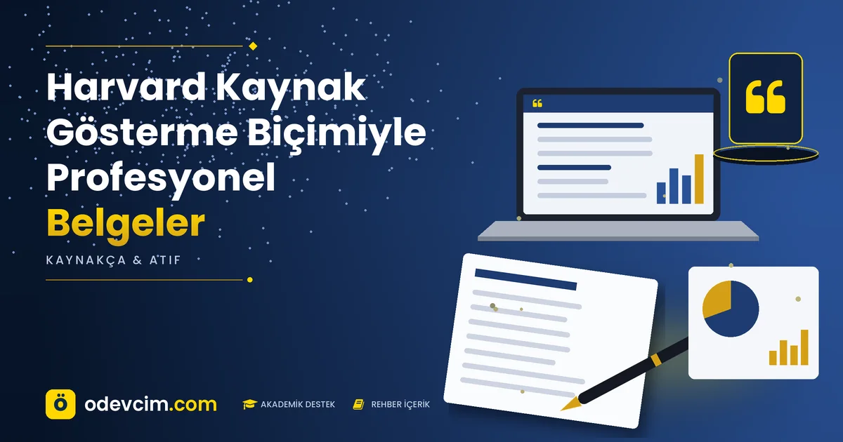 Harvard Kaynak Gösterme Biçimiyle Profesyonel Belgeler – Ödevcim kapak görseli, alıntı simgeli akademik belge illüstrasyonu