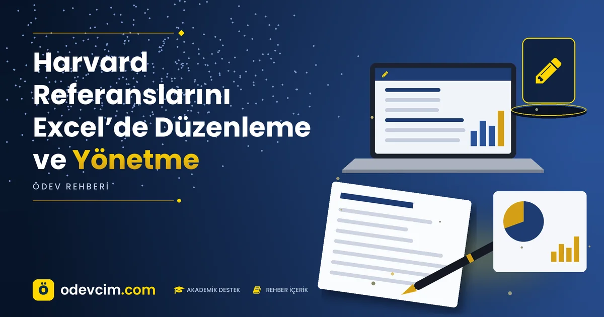 Harvard Referanslarını Excel’de Düzenleme ve Yönetme – Ödevcim kapak görseli, kalem simgeli akademik belge illüstrasyonu