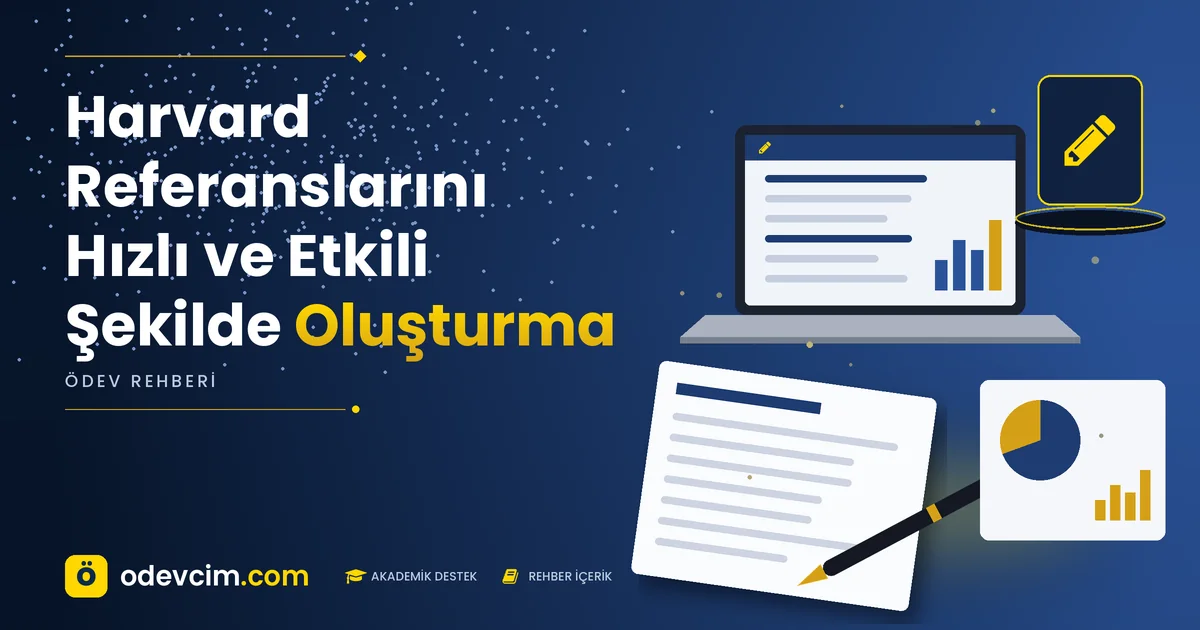 Harvard Referanslarını Hızlı ve Etkili Şekilde Oluşturma – Ödevcim kapak görseli, kalem simgeli akademik belge illüstrasyonu