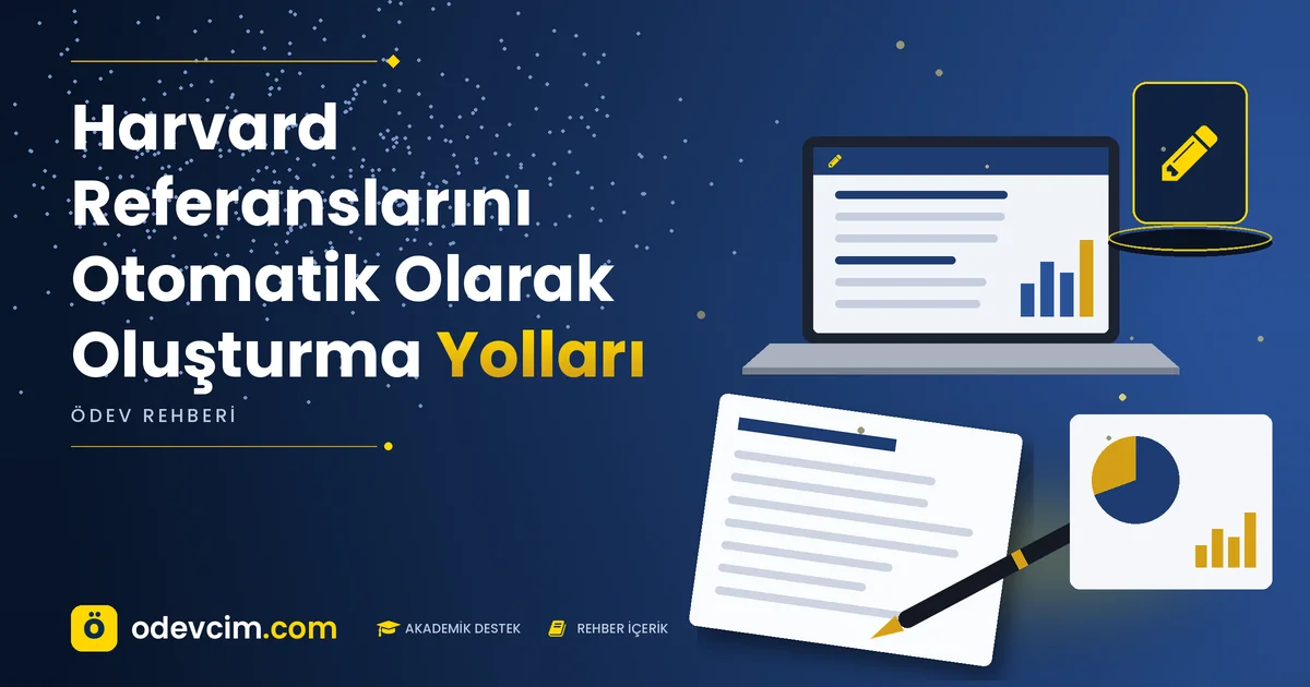 Harvard Referanslarını Otomatik Olarak Oluşturma Yolları – Ödevcim kapak görseli, kalem simgeli akademik belge illüstrasyonu